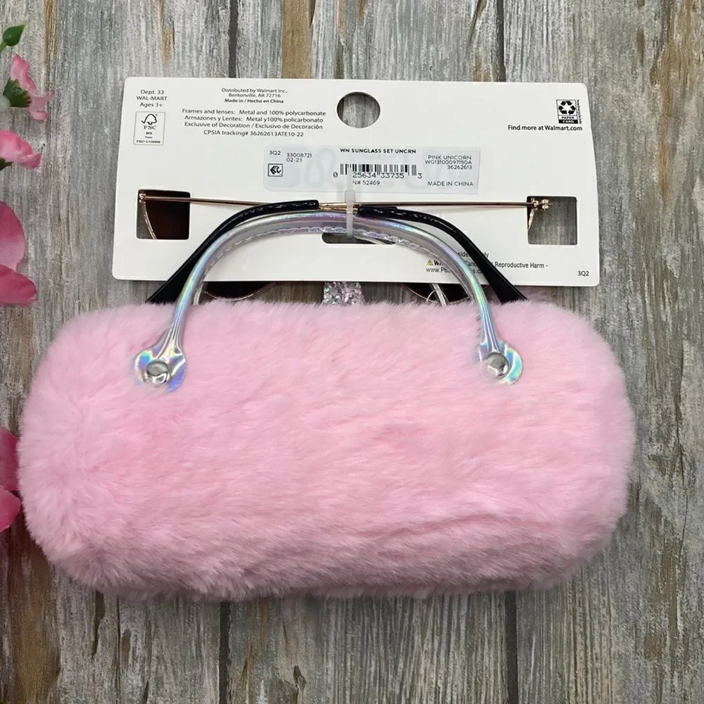 Girls Fun Summer Sunglasses With Unicorn & Fox, Faux Fur Carrying Cases